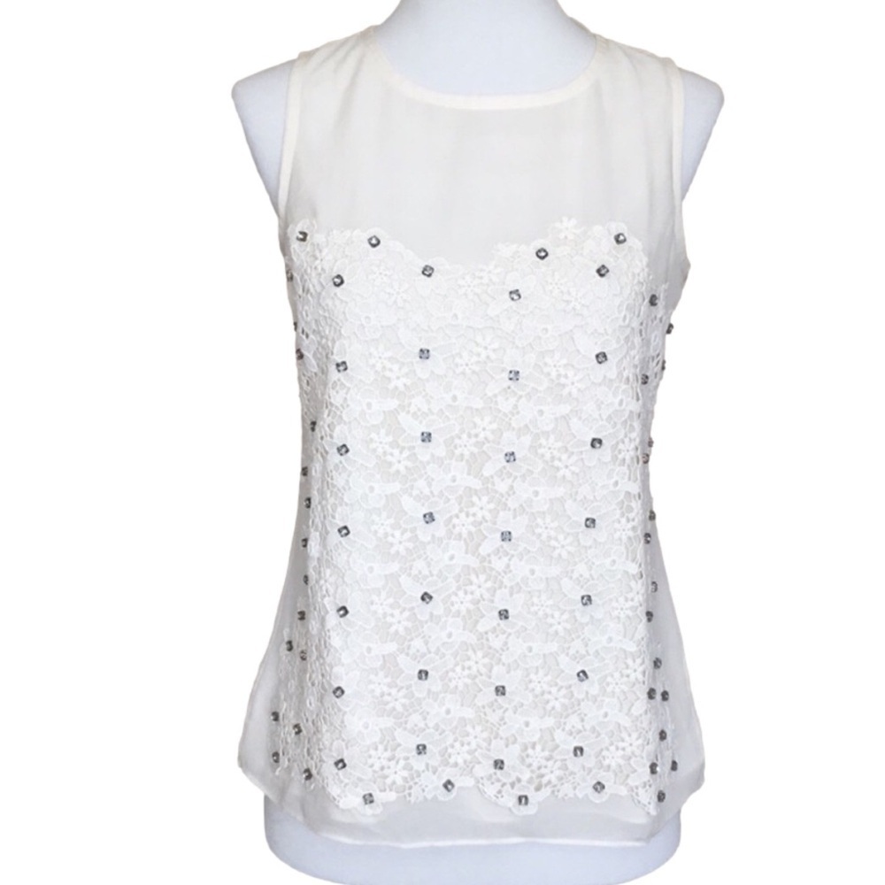 Ann Taylor off white color silk and lace tank with rhinestones Size Small